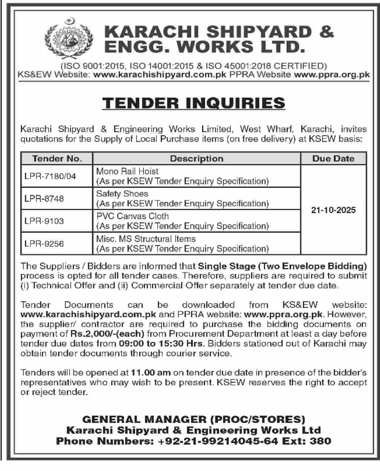Karachi Shipyard & Engineering Works Limited Tender Notice